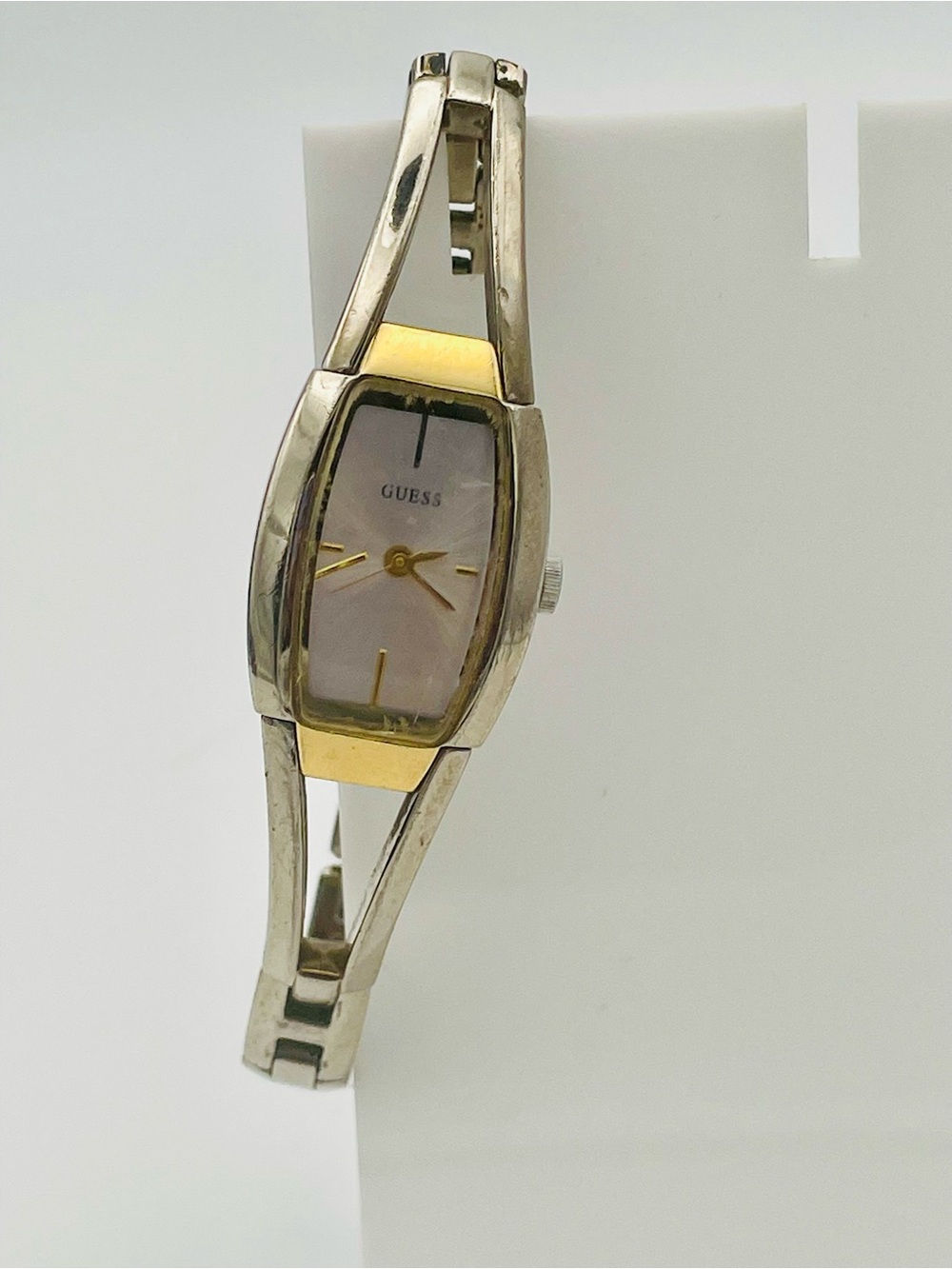 GUESS Two-Tone Silver & Gold Ladies Bracelet Watch with White Dial. Size 6